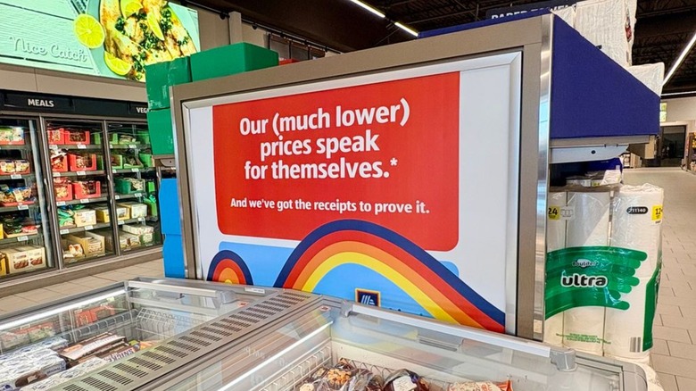 An Aldi aisle cap that says 
