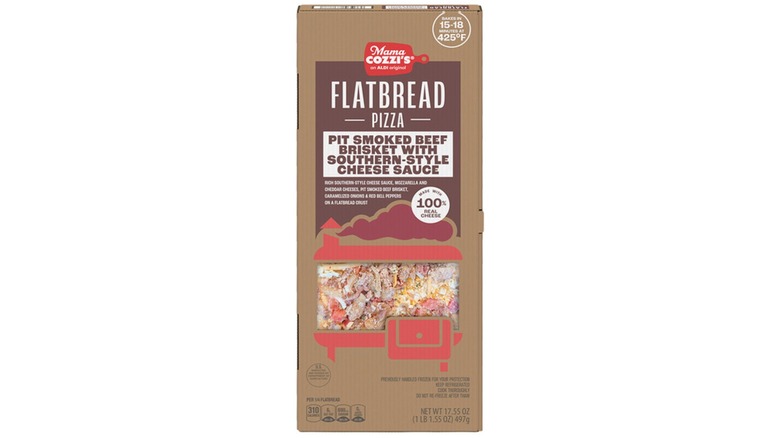 A box of Mama Cozzi's brisket flatbread pizza with southern-style cheese sauce