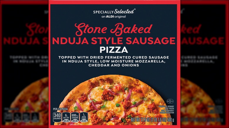 Box of Aldi Specially Selected Nduja Style Sausage Stone Baked Pizza