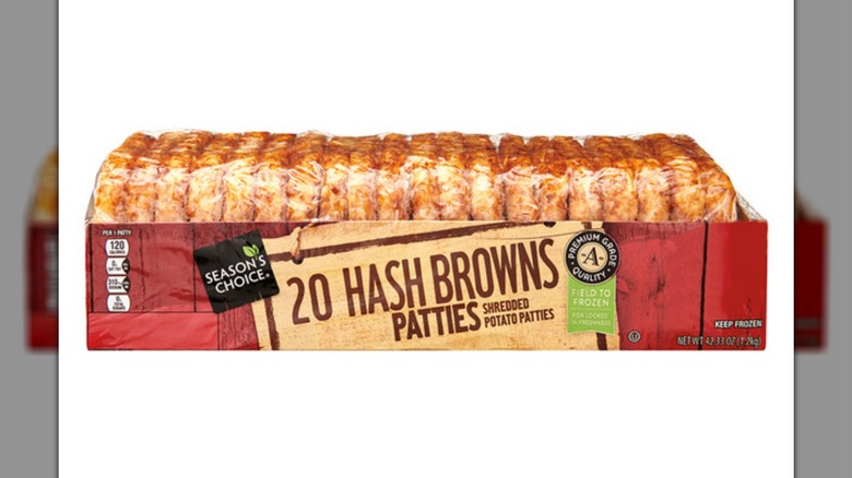 Aldi's Season's Choice Hash Brown Patties on a white background