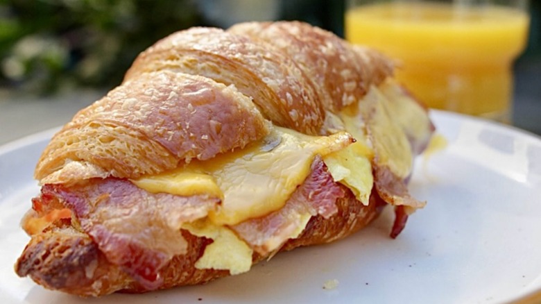 Croissant sandwich with cheese and bacon on white plate
