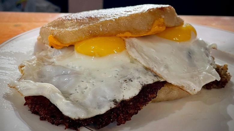 Scrapple and eggs on sandwich