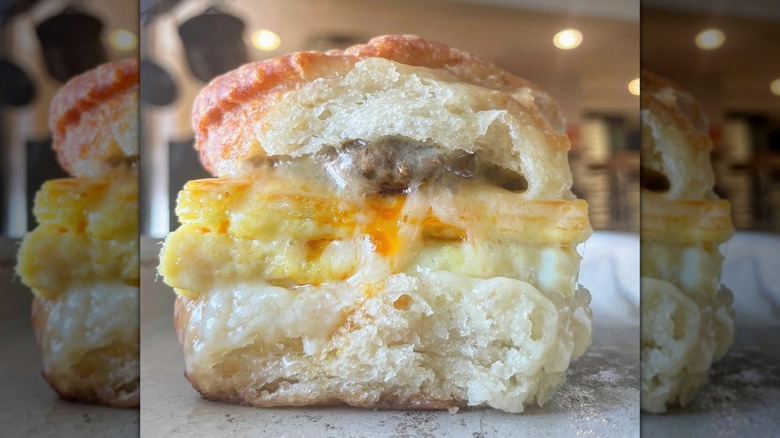 Biscuit sandwich with eggs and sausage
