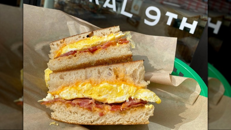 Focaccia sandwich with eggs, cheese, and bacon