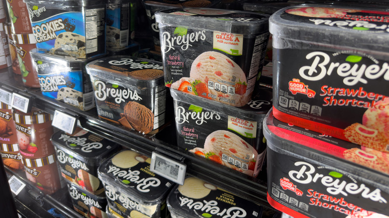 assortment of breyers ice cream flavors in freezer