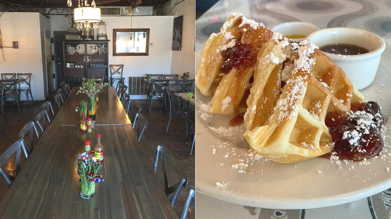 An interior shot of Florence's Restaurant and waffles on a plate