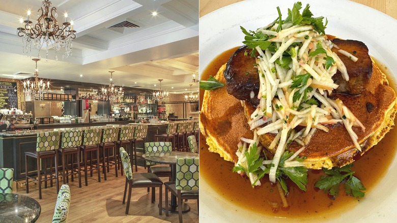 A Mother's Bistro & Bar interior shot and and a savory pancake plate