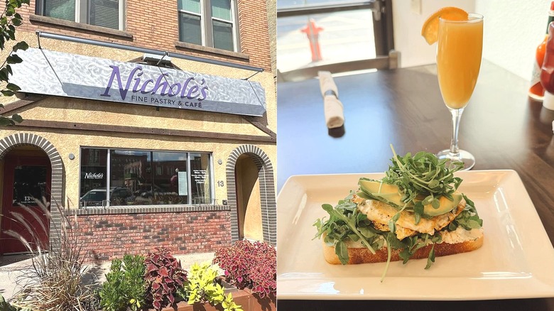 Nichole's Fine Pastry & Café storefront and a brunch plate with a mimosa