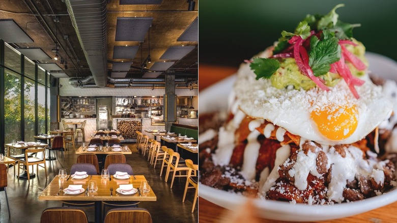 The dining room in Trust and a plate of chilaquiles rojos