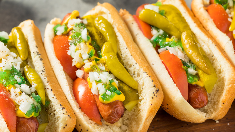 Row of Chicago-style hot dogs