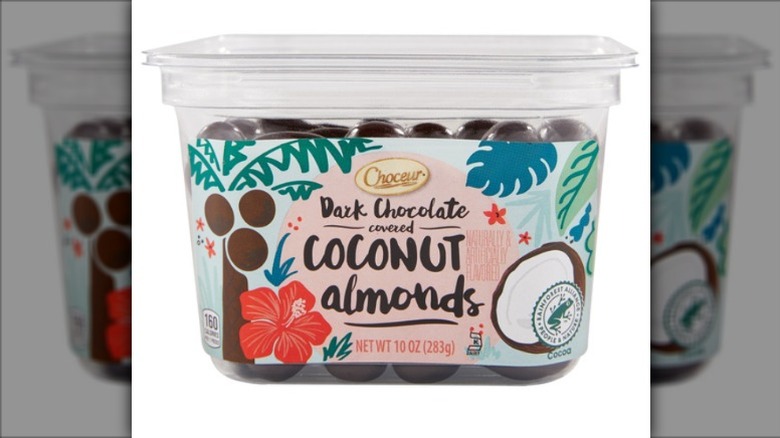 A container of Choceur Dark Chocolate Covered Coconut Almonds