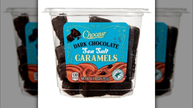 A container of Choceur Dark Chocolate Sea Salt Caramels