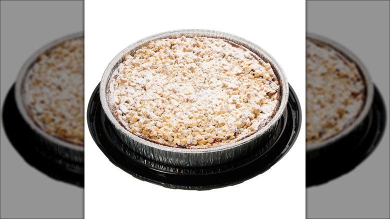 Sugar-dusted cherry almond coffee cake on platter