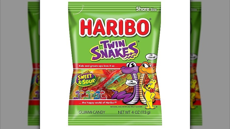 A green packet of haribo twin snakes