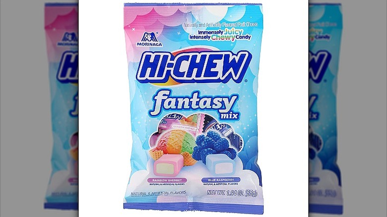 A packet of hi-chew fantasy mix with pictures of candies