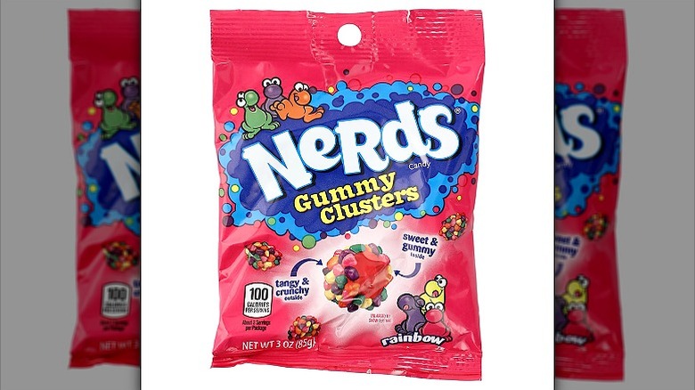 A purple bag of Nerds gummy clusters with the logo in blue