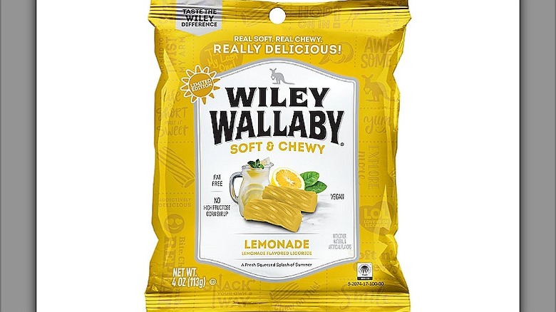 A yellow packet of Wiley Wallaby soft and chewy candies in lemonade flavor