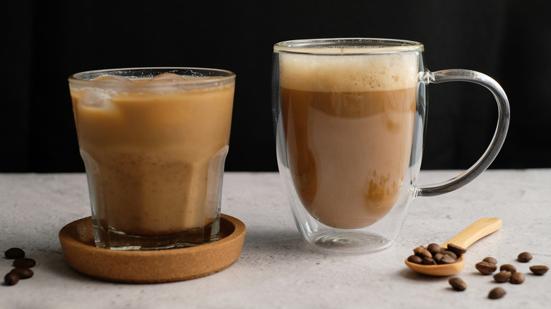 An iced coffee and a hot coffee