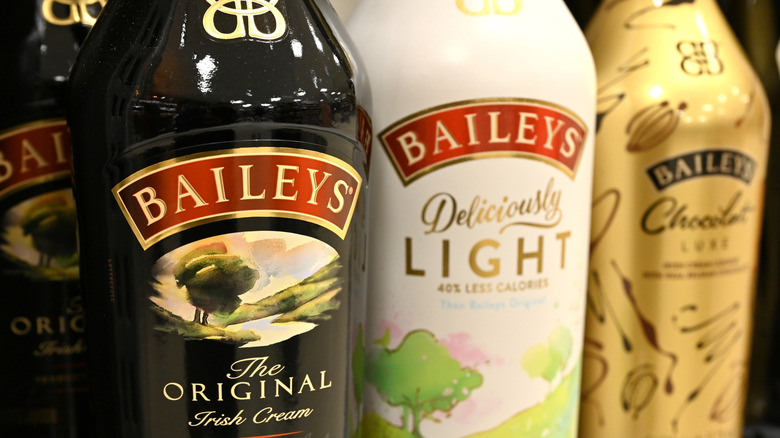 A row of bottles of Baileys Irish cream
