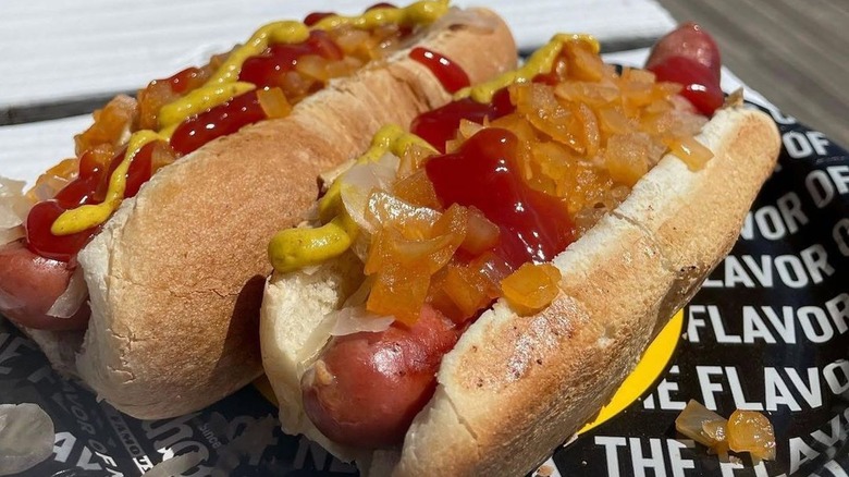 Two hot dogs with ketchup, mustard, and onions