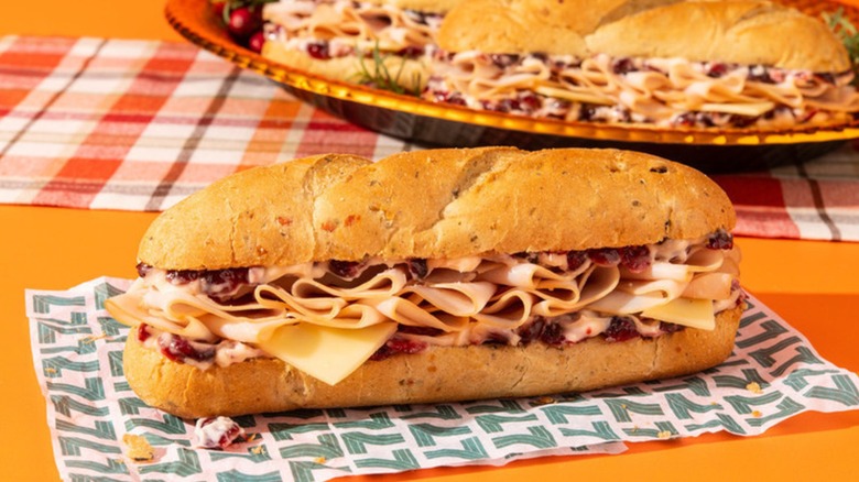 Thanksgiving turkey sub on parchment paper
