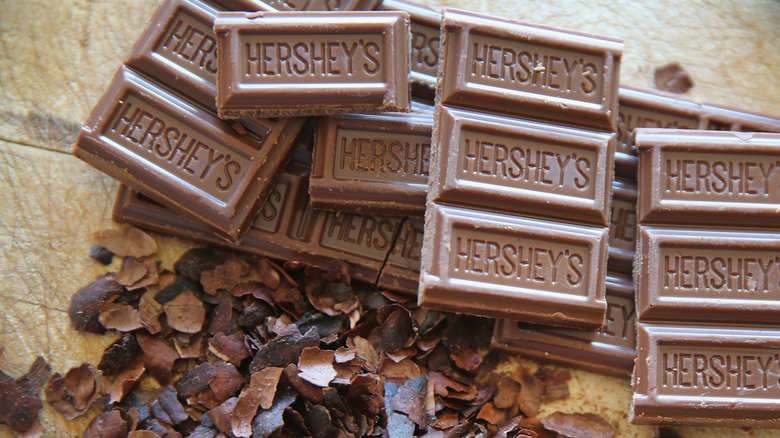 An unwrapped Hershey bar broken into pieces.