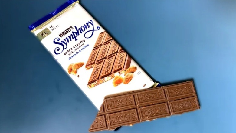 A Symphony almond toffee bar, wrapped and unwrapped.