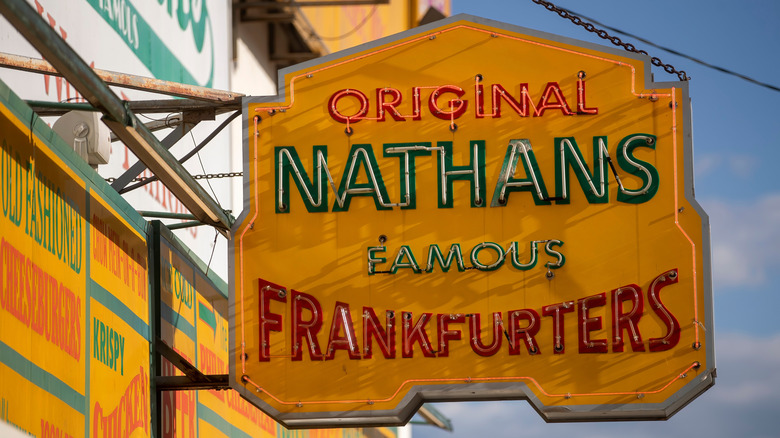 Original neon store sign for Nathan's Famous Frankfurters