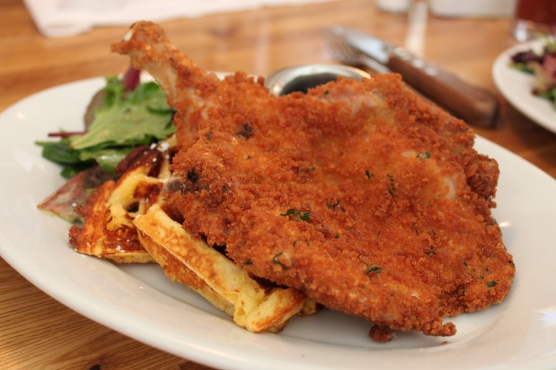 Fried Pork Chop with Cheddar Waffles at Buttermilk Channel