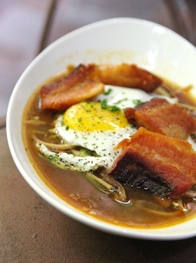 Crispy Braised Bacon with Soba in Smoky Miso Broth with Sunny Egg at Traif