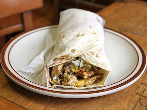 Burrito de Papa with Eggs, Chorizo Potatoes, Jack Cheese, and Refried Beans at Downtown Bakery II