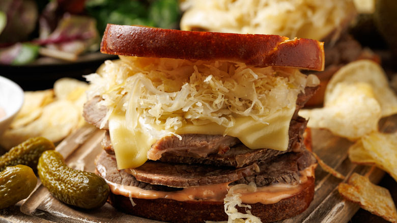 Halved Reuben sandwich