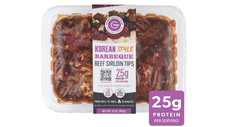 Korean-style barbeque beef sirloin tips at Sam's Club against a white background.
