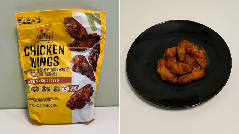 A bag of Foster Farms Honey BBQ Wings beside a plate of chicken wings
