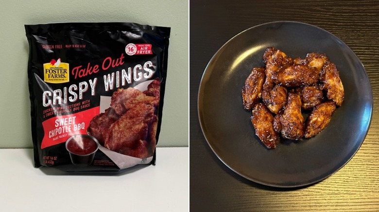 A bag of Foster Farms Sweet Chipotle BBQ Wings beside a plate of chicken wings