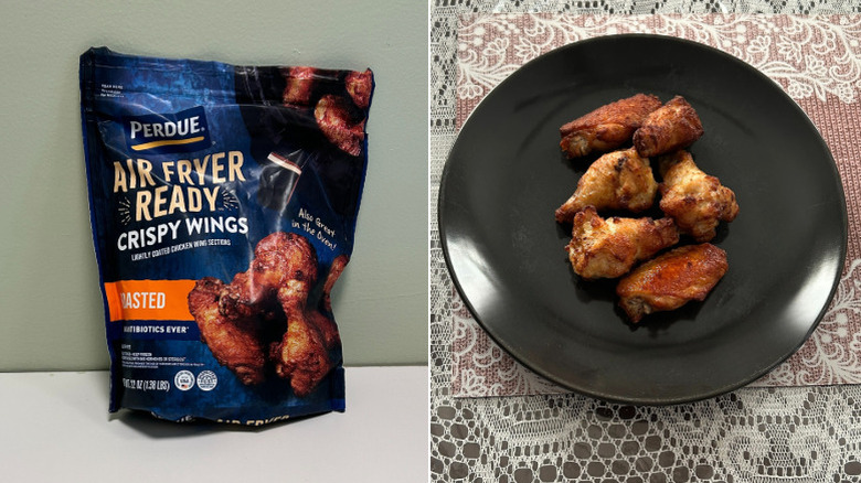 A bag of Perdue Roasted Crispy Wings beside a plate of wings