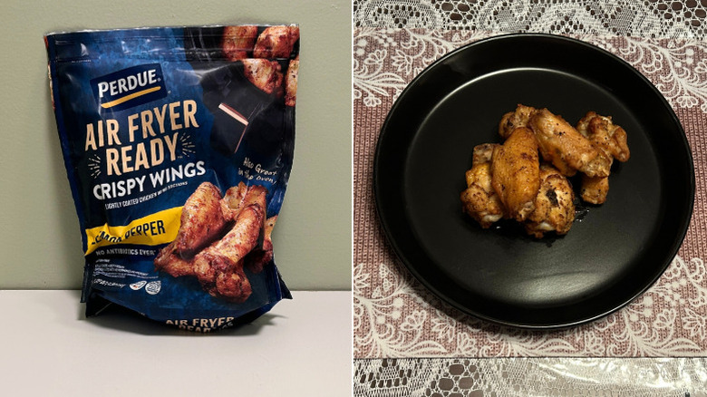A bag of Perdue Lemon Pepper wings next to a plate of wings