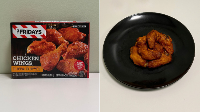 A box of TGI Fridays Chicken Wings beside a plate of chicken wings