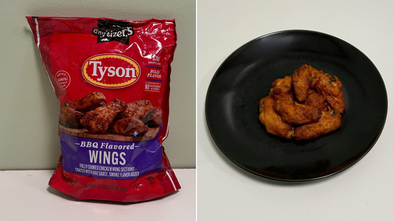 A bag of Tyson BBQ BBQ Wings beside a plate of chicken wings