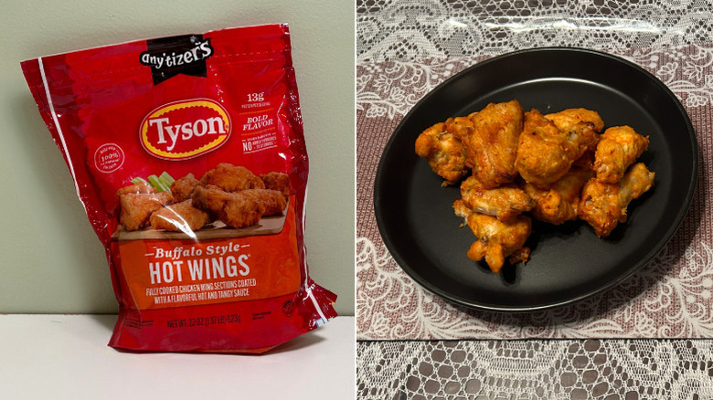 A bag of Tyson Buffalo Style Wings next to a plate of chicken wings