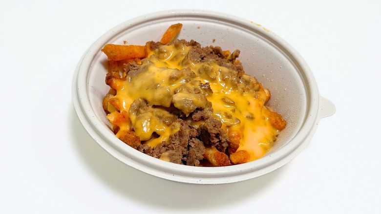 Bowl of fries with meat and cheese