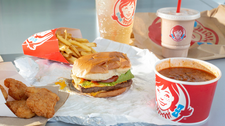 Wendy's chicken nuggets, frosty, fries, burger, and cup of chili