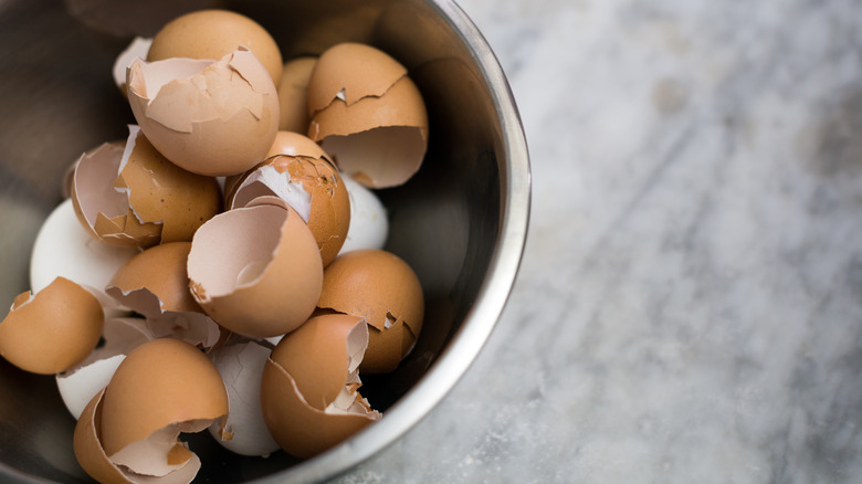 Eggshells sit in a metal bowl