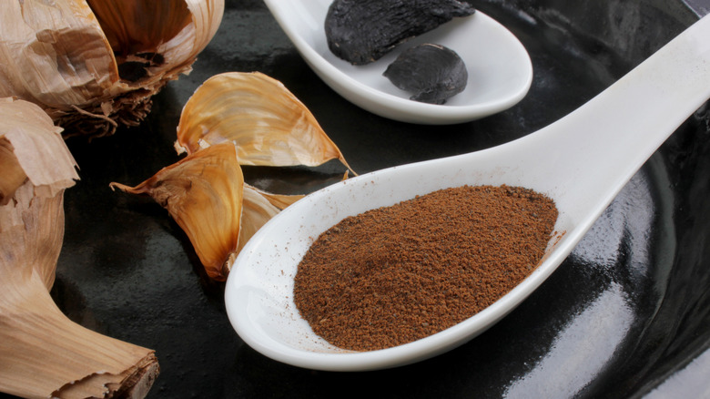 A spoonful of black garlic powder with black garlic pods on the side