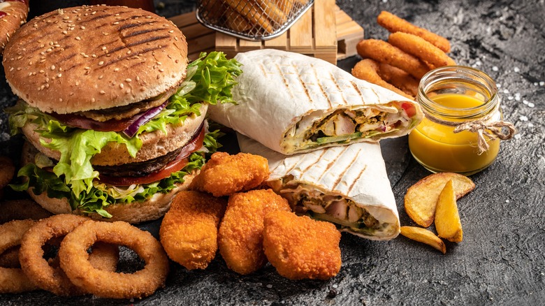 fast food burgers, nuggets, onion rings