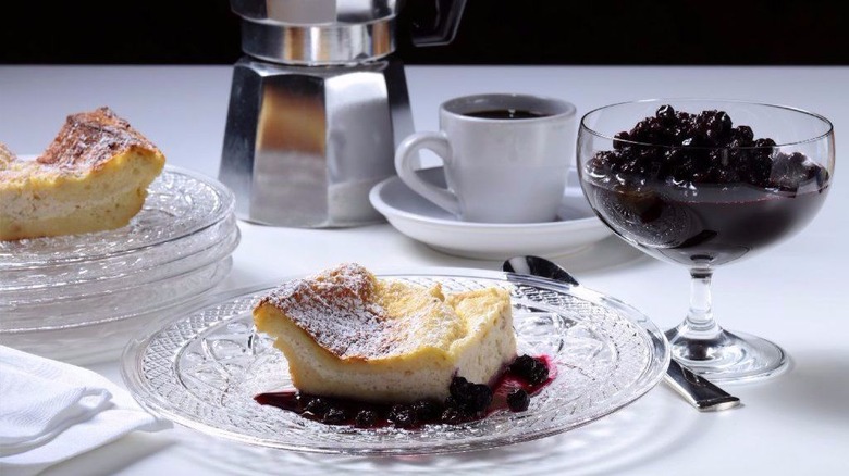 Blintz French toast casserole with blueberry sauce