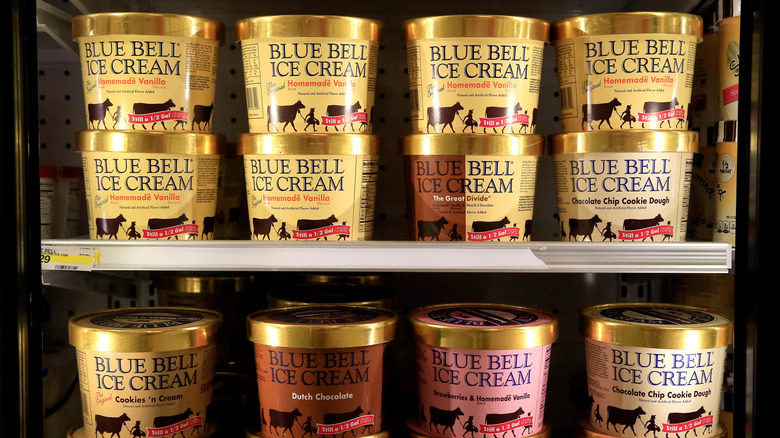 Blue Bell Ice cream pints in a freezer