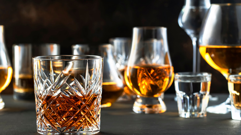 Various bourbons in cocktail glasses 