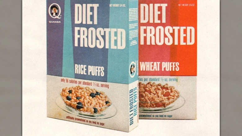 A box of Diet Frosted Rice Puffs in front of a box of Diet Frosted Wheat Puffs