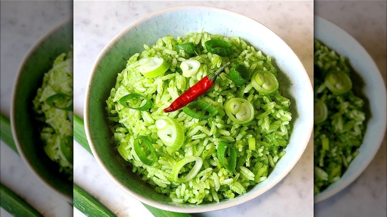 Green rice with green onion and chili